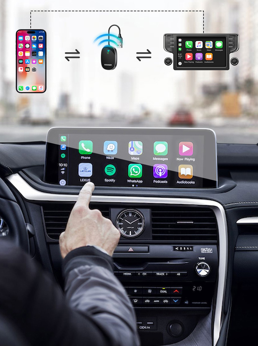 ESSAGER Wired to Wireless CarPlay, WiFi 5G Module, Split Screen Display, USB-A / Type-C Interface, for iPhone 15 / 14 / 13