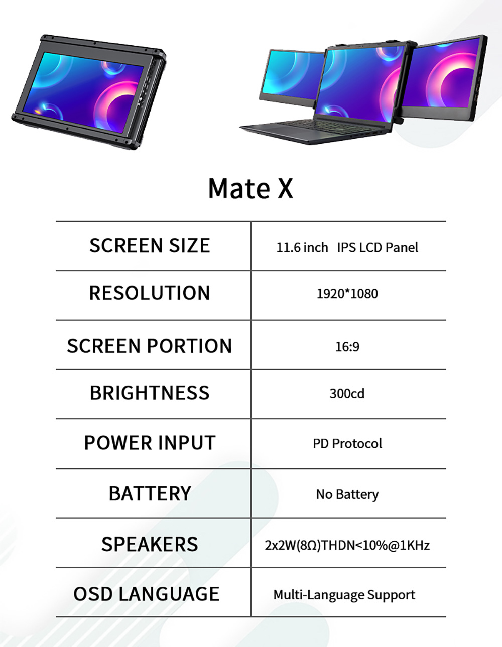 GTMEDIA MATE X Portable Dual Screen Monitor Laptop Screen Extender for 13-17.3" Laptop, 11.6 inches 1920*1080 IPS Screen, 60Hz Refresh Rate, 178° Viewing Angle, 2*Type-C 1*HDMI 1*USB 2.0 1*3.5mm Headphone Jack