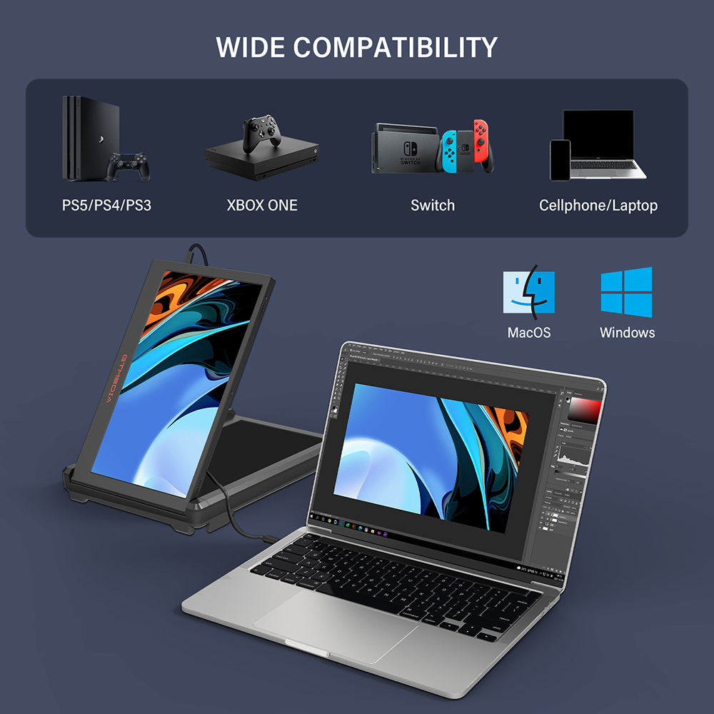 GTMEDIA MATE X Portable Dual Screen Monitor Laptop Screen Extender for 13-17.3" Laptop, 11.6 inches 1920*1080 IPS Screen, 60Hz Refresh Rate, 178° Viewing Angle, 2*Type-C 1*HDMI 1*USB 2.0 1*3.5mm Headphone Jack