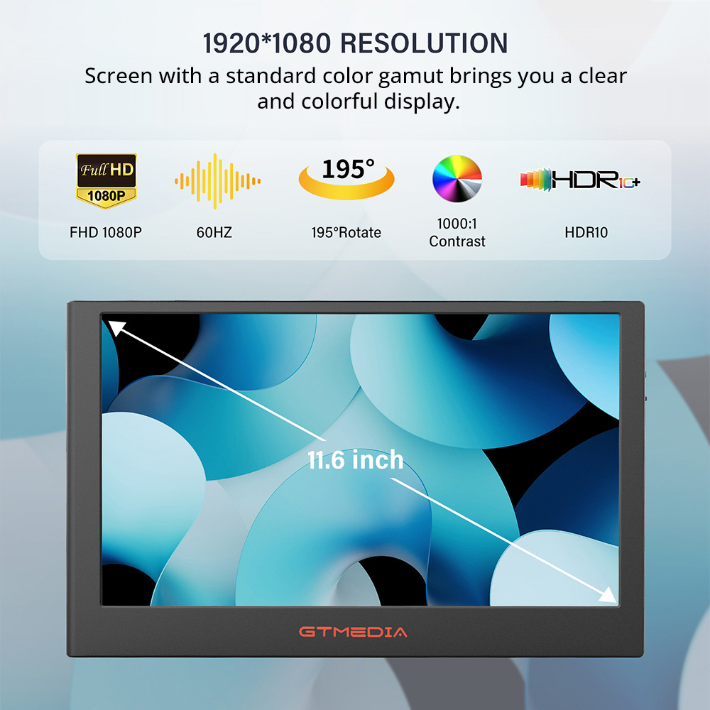 GTMEDIA MATE X Portable Dual Screen Monitor Laptop Screen Extender for 13-17.3" Laptop, 11.6 inches 1920*1080 IPS Screen, 60Hz Refresh Rate, 178° Viewing Angle, 2*Type-C 1*HDMI 1*USB 2.0 1*3.5mm Headphone Jack