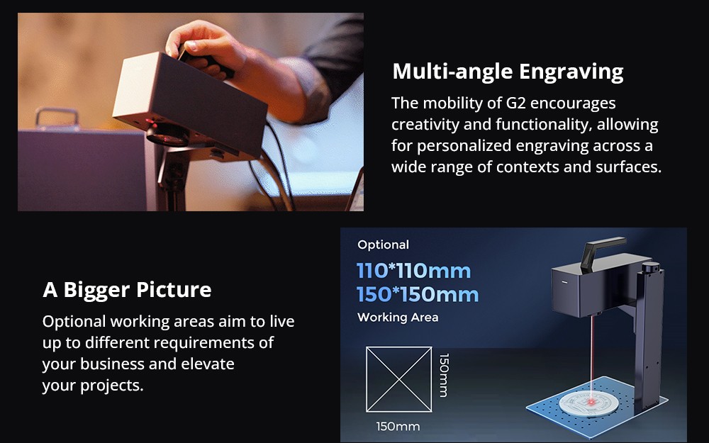 Gweike G2 20W Laser Engraver Electric Lift Edition, Max 15000mm/s Engraving Speed, 0.001mm Accuracy, HD 8K Resolution, Air Cooling, Android/iOS App Connection, 150x150mm