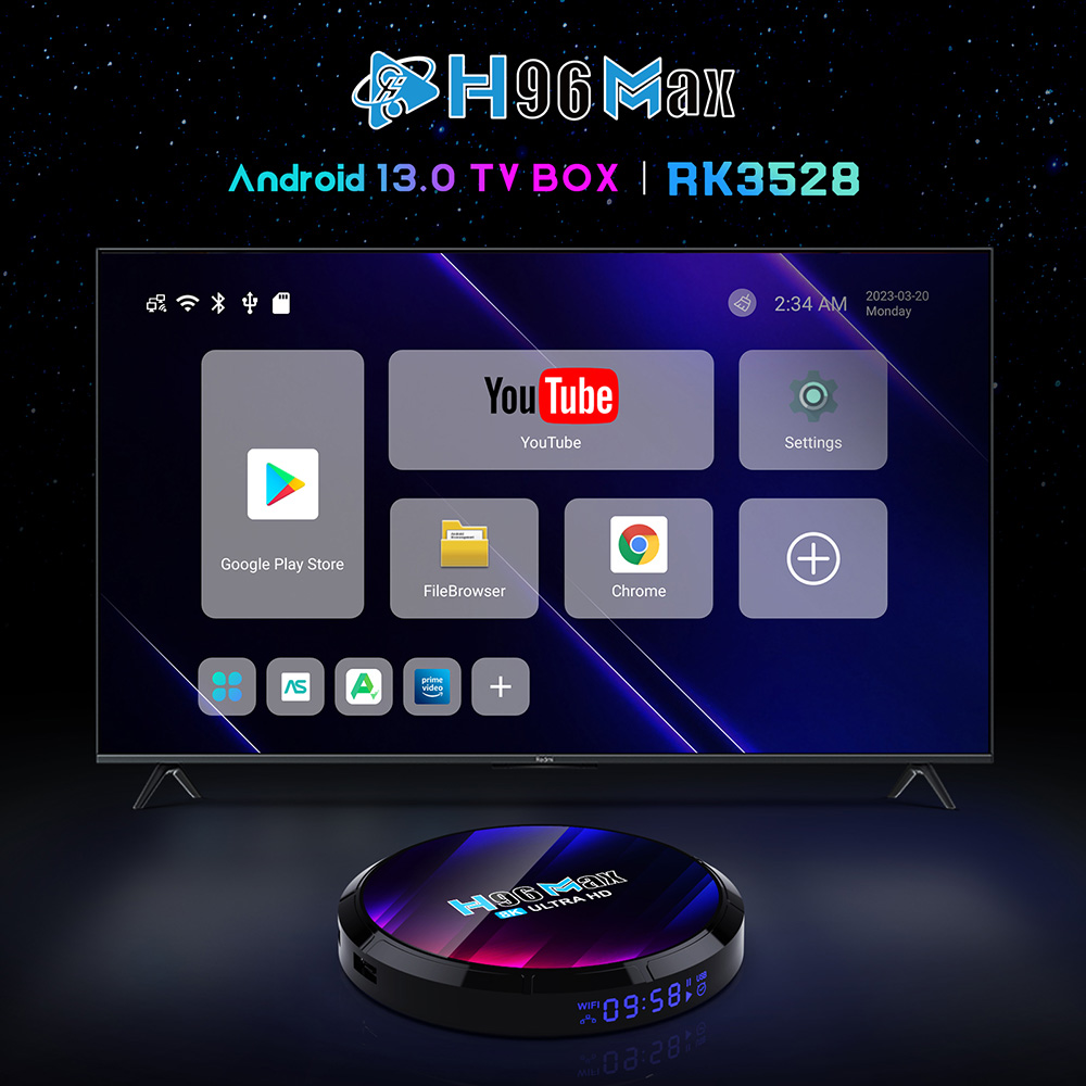 H96 Max TV Box Media Player Speaker, RK3528 Quad-core, 4GB+64GB, Android 13, Bluetooth 5.1, 2.4G/5G Dual-band WiFi - EU Plug