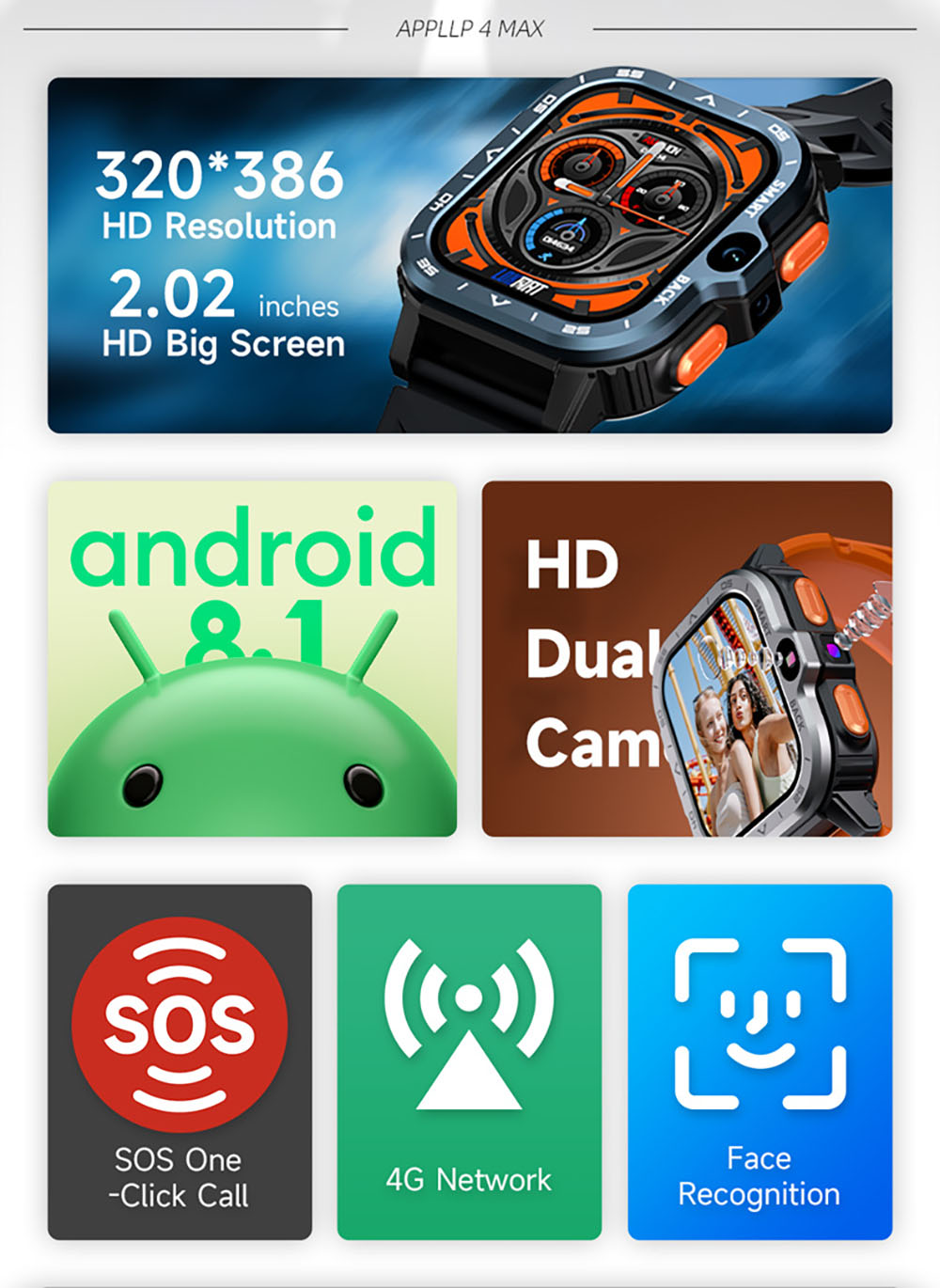 LOKMAT APPLLP 4 MAX Android Smartwatch Fitness Tracker, 2.02'' TFT Touch Screen, 4GB RAM 64GB ROM, Dual Camera - Black