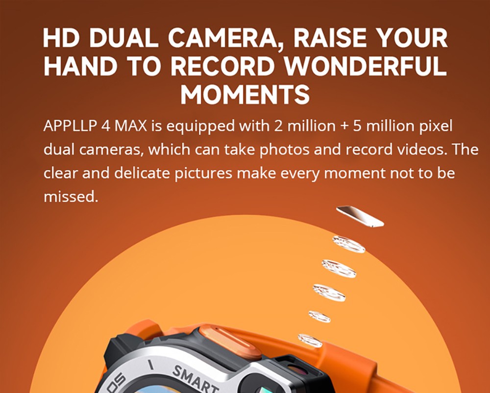 LOKMAT APPLLP 4 MAX Android Smartwatch Fitness Tracker, 2.02'' TFT Touch Screen, 4GB RAM 64GB ROM, Dual Camera - Black