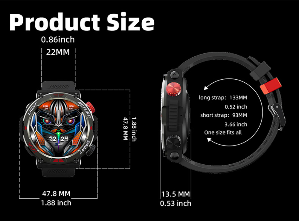 LOKMAT ZEUS 5 Pro Smartwatch Health Monitor, 1.46'' HD Screen, Bluetooth Calling, 5ATM Waterproof - Black