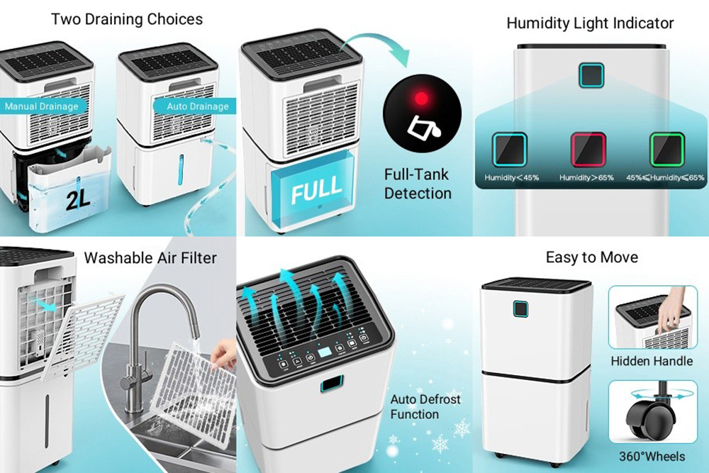 LUKO OL12-BD023F Portable Home Dehumidifier, 12L Dehumidify Capacity, 3 Modes, Auto Defrosting, Auto/Manual Drainage, 12-Hour Timer, LED Touch Screen, Low Noise, Clothes Drying