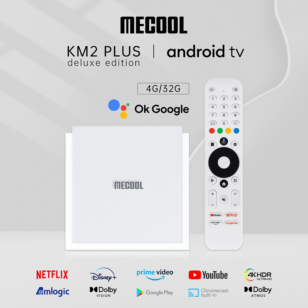 MECOOL KM2 PLUS Deluxe TV Box, Android 11, 4K HDR Output, Amlogic S905X4-J Quad Core, 4GB RAM 32GB ROM, WiFi 6 Bluetooth 5.0, Dolby Vision & Dolby Atmos, 2*USB 2.0 1*HDMI 1*AV 1*LAN 1*TF Card Slot 1*SPDIF Optical 1*Earphone Port - US Plug