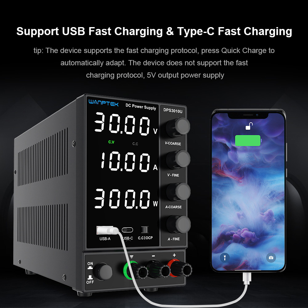 WANPTEK DPS3010U Solid-state Adjustable Regulated DC Power Supply, 30V 10A, Encoder Adjustment, USB Type-C Fast Charge, 4-Digit Display, Low Ripple, Low Noise, Cooling Fan Black - US Plug
