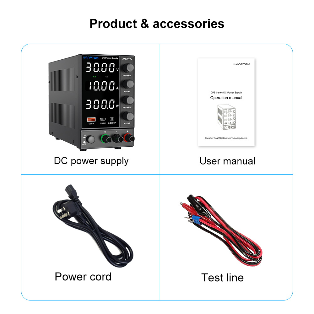 WANPTEK DPS3010U Solid-state Adjustable Regulated DC Power Supply, 30V 10A, Encoder Adjustment, USB Type-C Fast Charge, 4-Digit Display, Low Ripple, Low Noise, Cooling Fan Black - US Plug