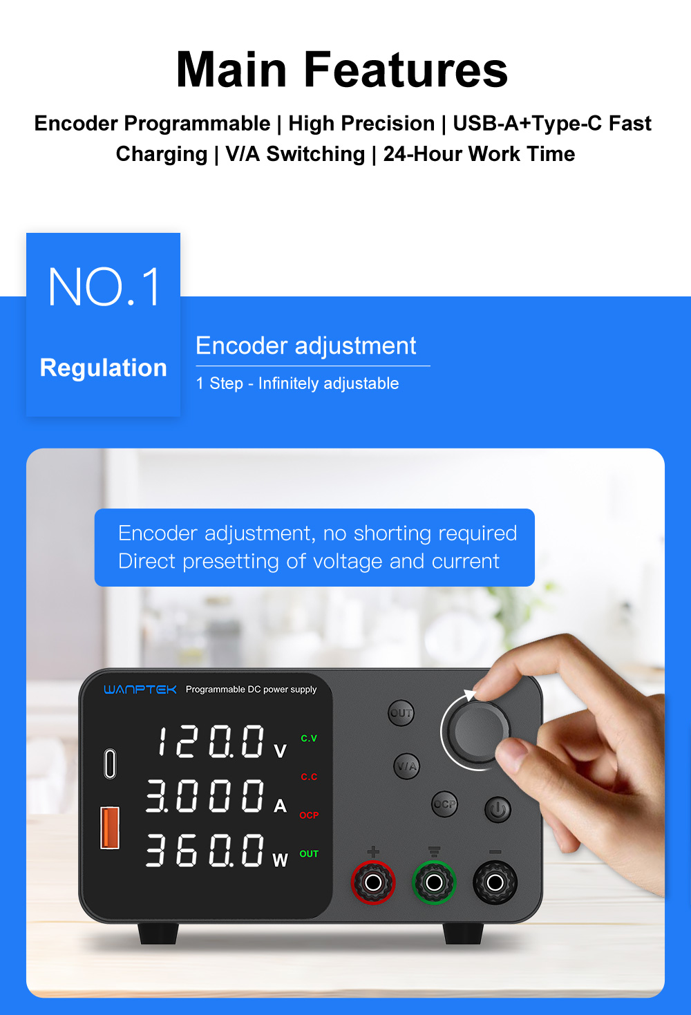 WANPTEK TPS1203 Adjustable Regulated DC Power Supply, 60V 5A, Encoder Adjustment, USB Type-C Fast Charging, 4-Digit Display, Low Noise, A/V Switching, Cooling Fan White - EU Plug