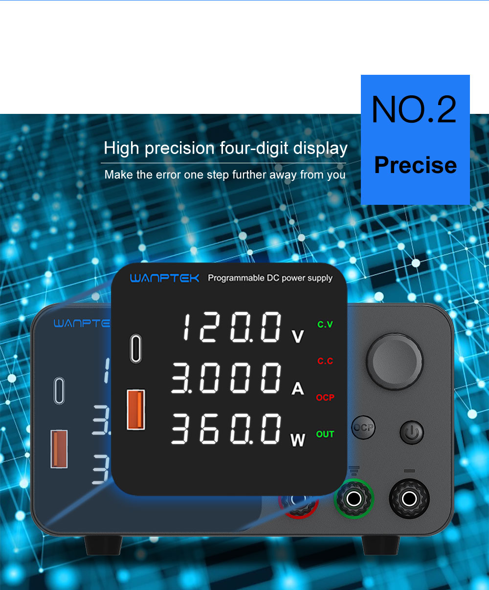 WANPTEK TPS1203 Adjustable Regulated DC Power Supply, 60V 5A, Encoder Adjustment, USB Type-C Fast Charging, 4-Digit Display, Low Noise, A/V Switching, Cooling Fan White - US Plug