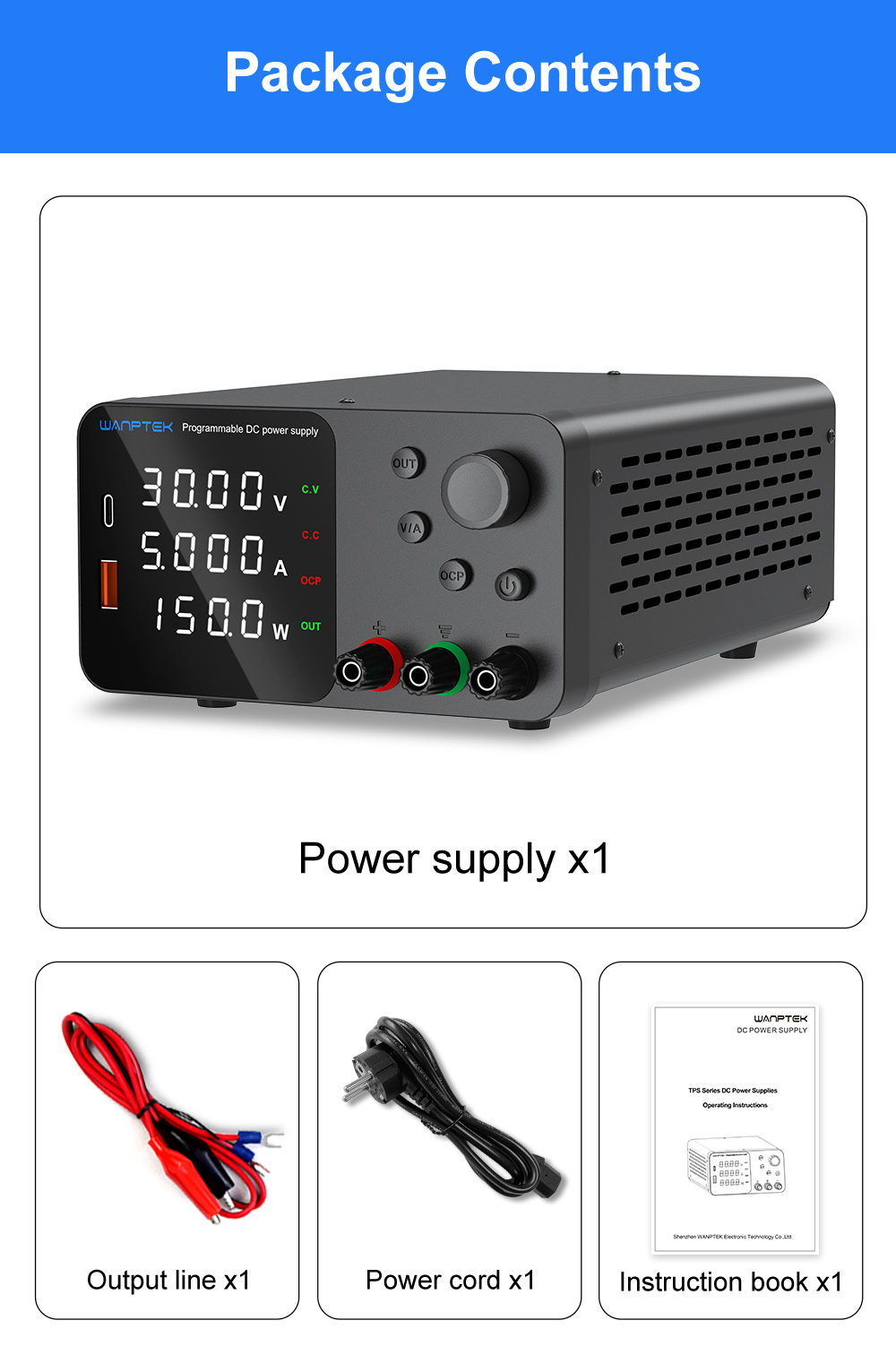 WANPTEK TPS305 Voltage Regulator, High Precision Adjustable DC Power Supply, 30V 5A, USB-A Type-C Fast Charge, 4-Digit Display, Low Noise - Black, US Plug