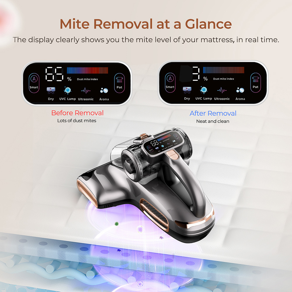 JIGOO T600 Dual-Cup Smart Mite Cleaner Bed Vacuum Cleaner with Aroma-Diffuser System, 700W 15KPa Suction, Dust Mite Sensor, UV Light, Ultrasonic Tech, 99.99% Mites Removal, US Plug - Grey