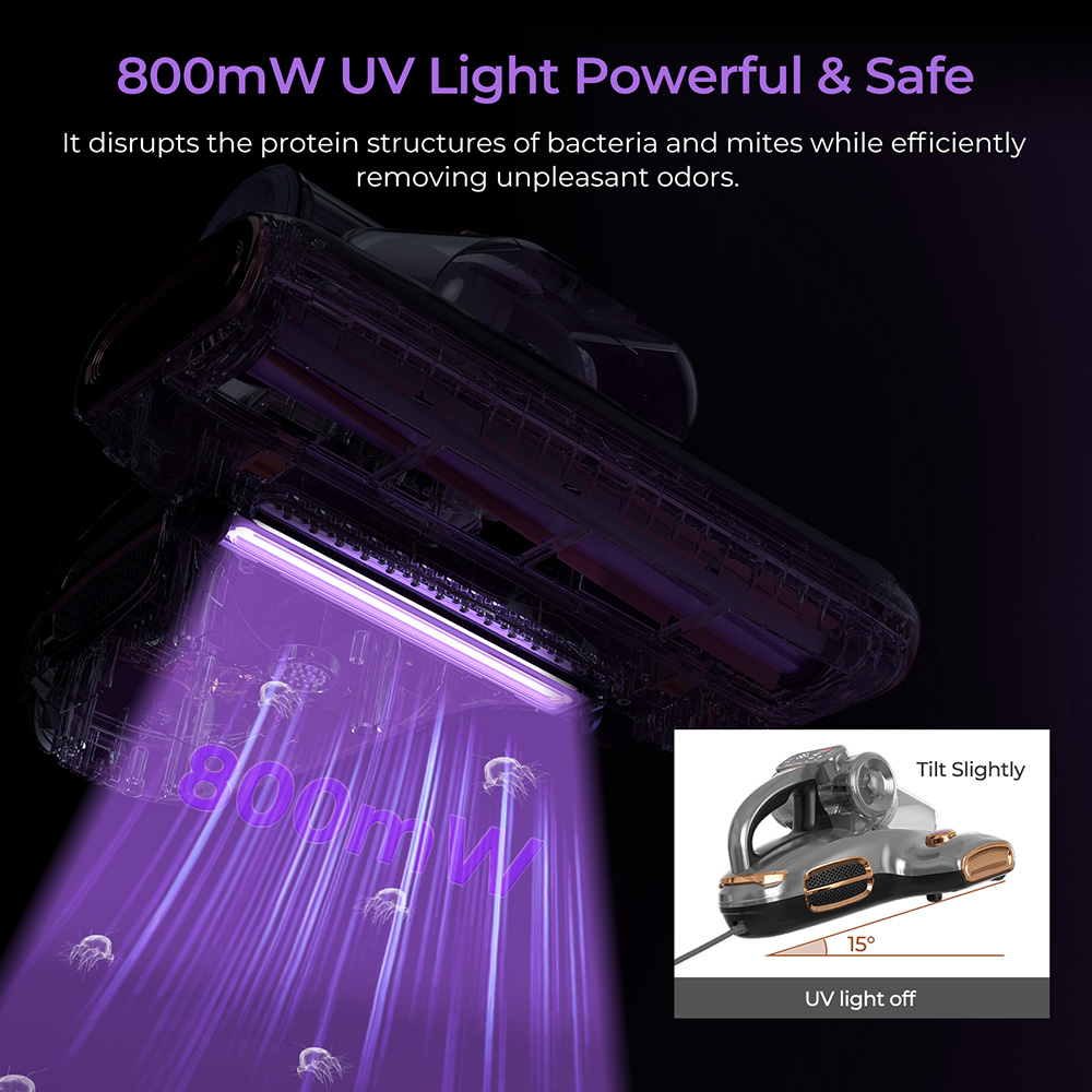 JIGOO T600 Dual-Cup Smart Mite Cleaner Bed Vacuum Cleaner with Aroma-Diffuser System, 700W 15KPa Suction, Dust Mite Sensor, UV Light, Ultrasonic Tech, 99.99% Mites Removal, US Plug - Grey