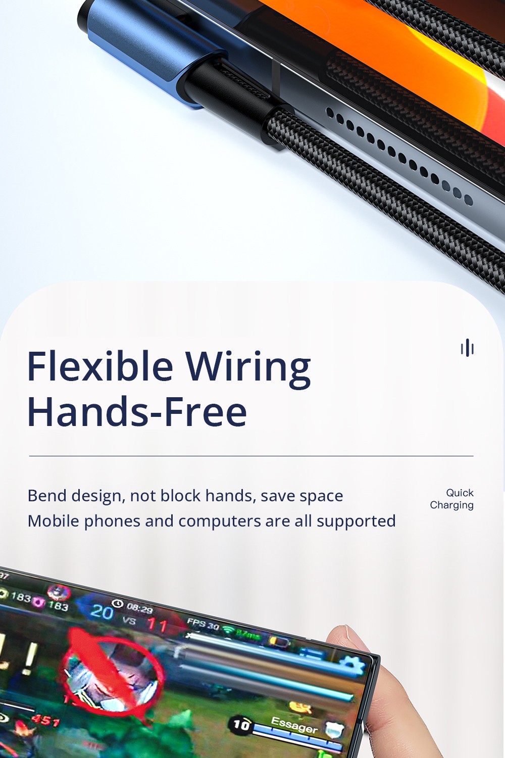 ESSAGER 100W 5A Fast Charging Data Cable, Type-C to Type-C, Bend Design, 480Mbps Transfer Rate, for iPad MacBook Pro Xiaomi Samsung Huawei