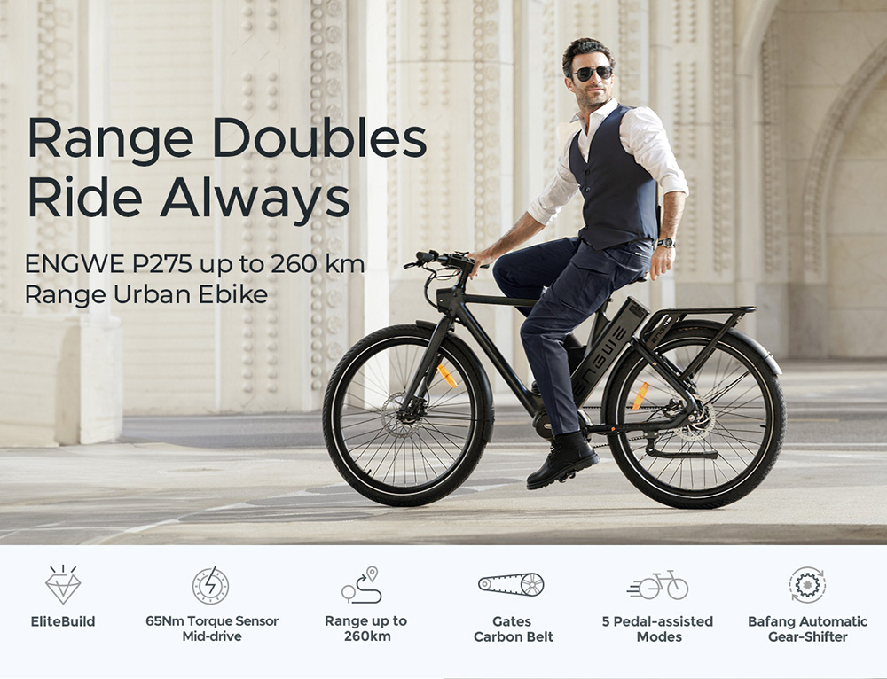 ENGWE P275 Pro City Electric Bike, 27.5'' Spoke Tires, 250W Bafang Brushless Mid-drive Motor, 3-level Automatic Gear Shifter, 36V 19.2Ah Battery, 260km Max Range, Front & Rear Hydraulic Disc Brake - Black Orange