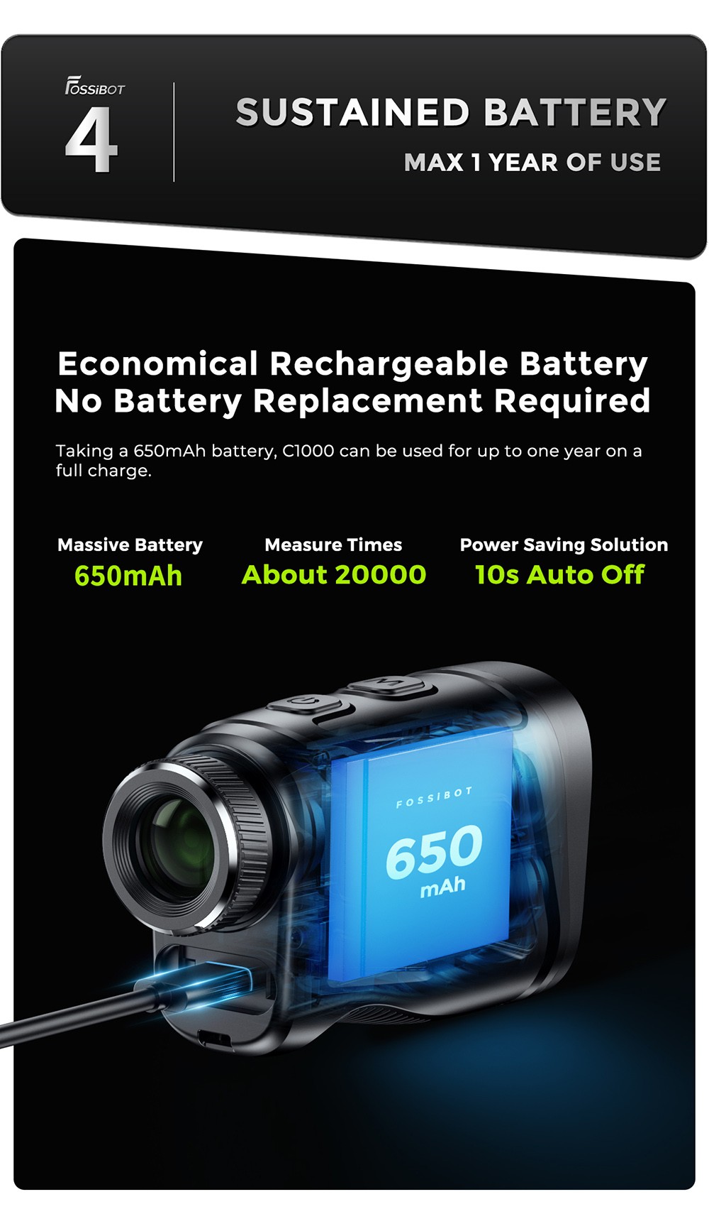 FOSSiBOT C1000 Golf Rangefinder, 1000m Max Measurement Range, 0.06s Measurement Speed, OLED Display, 6.5X Magnification, IP54 Waterproof, 5 Modes