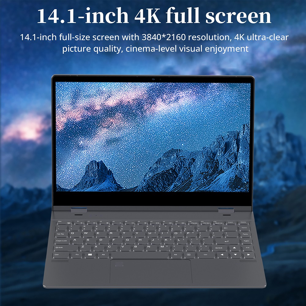 GXMO YOGO 14.1-inch Laptop, 360° Flipping, 3840*2160 4K 10-point Touch Screen, Intel Alder Lake N95 4 Cores Up to 3.4GHz, 12GB RAM 512GB SSD, Dual-band WiFi Bluetooth 4.2, 1*USB 3.0 1*Full Function Type-C 1*MiniSD Card Slot 1*Audio Jack