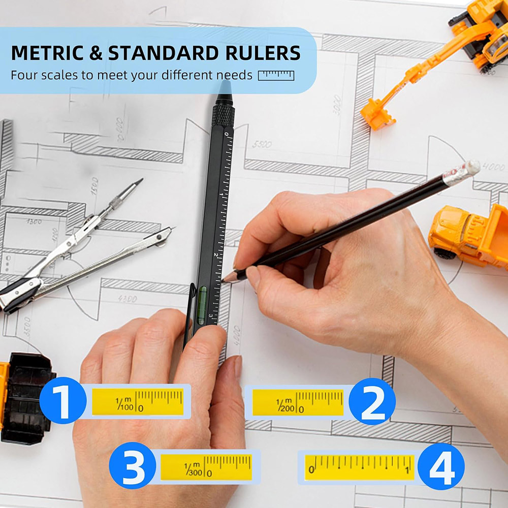 HMP P136A 6-in-1 Multitool Pen with Stylus Ruler Bubble Level Screwdriver Retractable Pen - Yellow