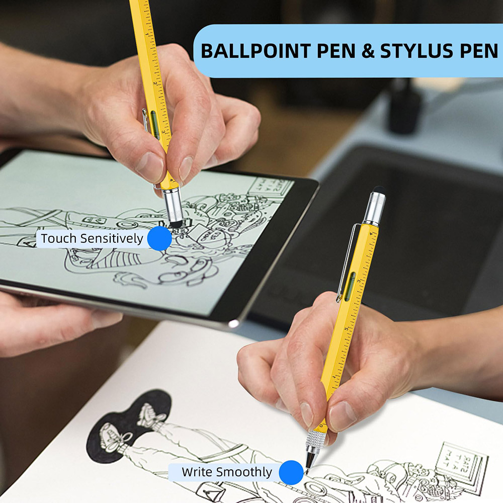 HMP P136A 6-in-1 Multitool Pen with Stylus Ruler Bubble Level Screwdriver Retractable Pen - Yellow