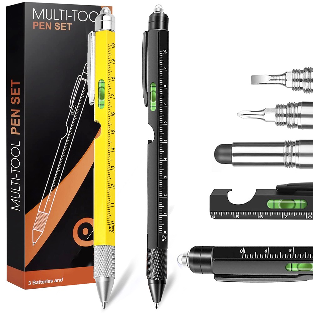 HMP P248 9-in-1 Multi-Tool Pen with Stylus LED Light Bottle Opener Phone Holder Ruler Flat and Phillips Screwdriver Extra Ink Refills - Black