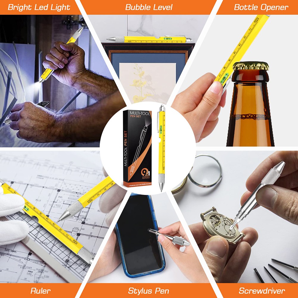 HMP P248 9-in-1 Multi-Tool Pen with Stylus LED Light Bottle Opener Phone Holder Ruler Flat and Phillips Screwdriver Extra Ink Refills - Yellow