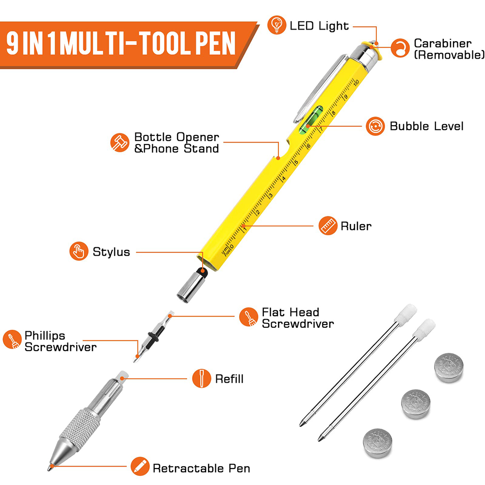 HMP P248 9-in-1 Multi-Tool Pen with Stylus LED Light Bottle Opener Phone Holder Ruler Flat and Phillips Screwdriver Extra Ink Refills - Yellow