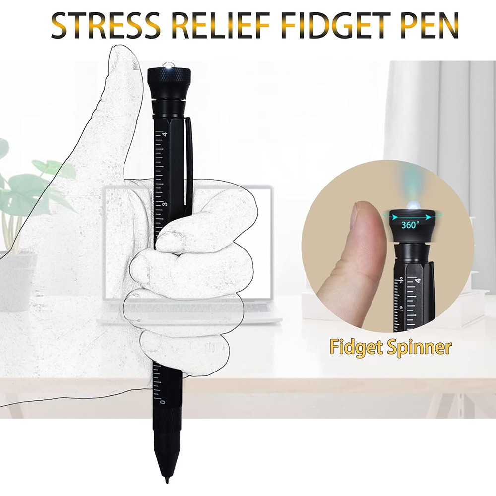 HMP P256 12-in-1 Multitool Pen with LED Light Decompressor Massager Screwdrivers Rulers Bottle Opener Hexagonal Wrench Phone Holder - Black