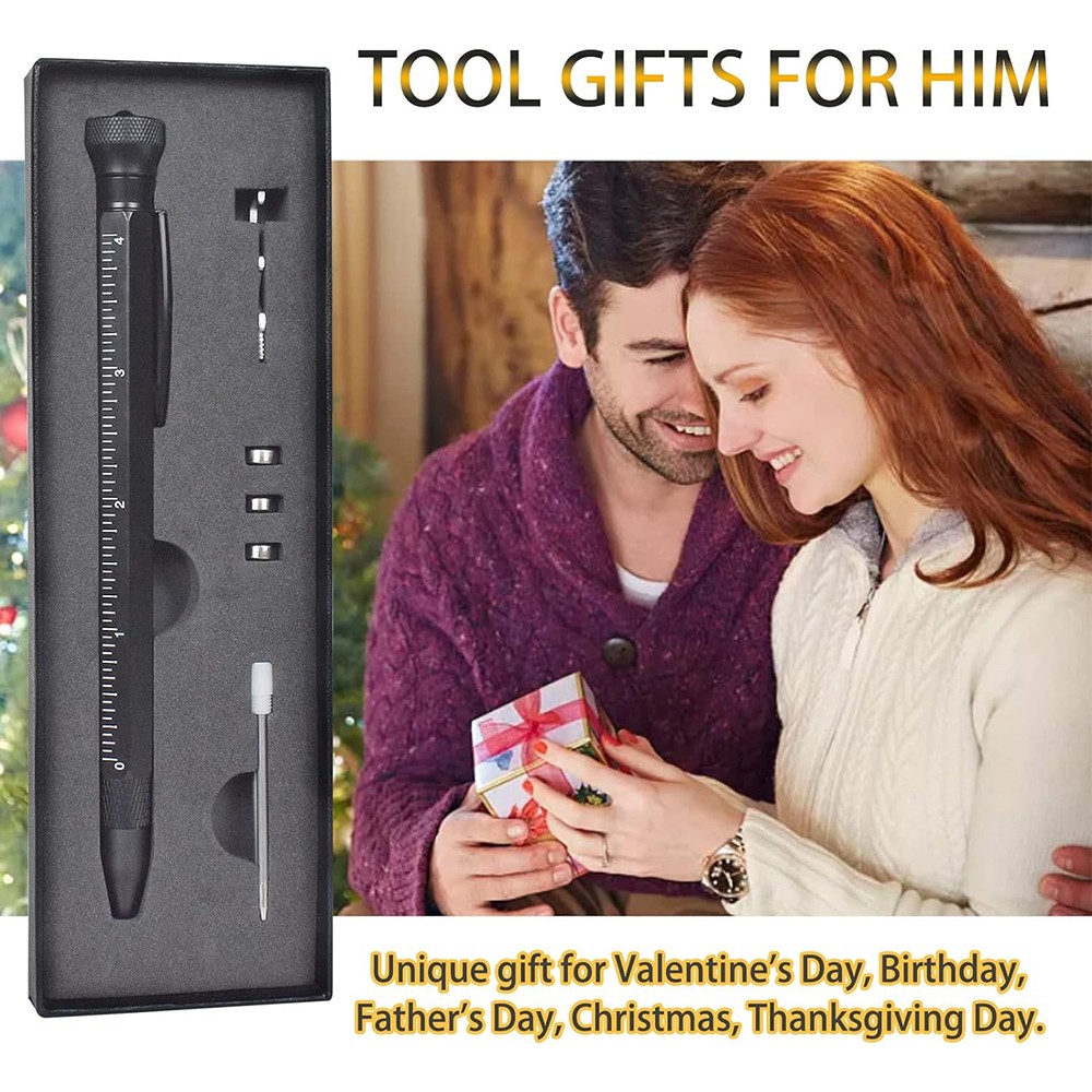 HMP P256 12-in-1 Multitool Pen with LED Light Decompressor Massager Screwdrivers Rulers Bottle Opener Hexagonal Wrench Phone Holder - Black