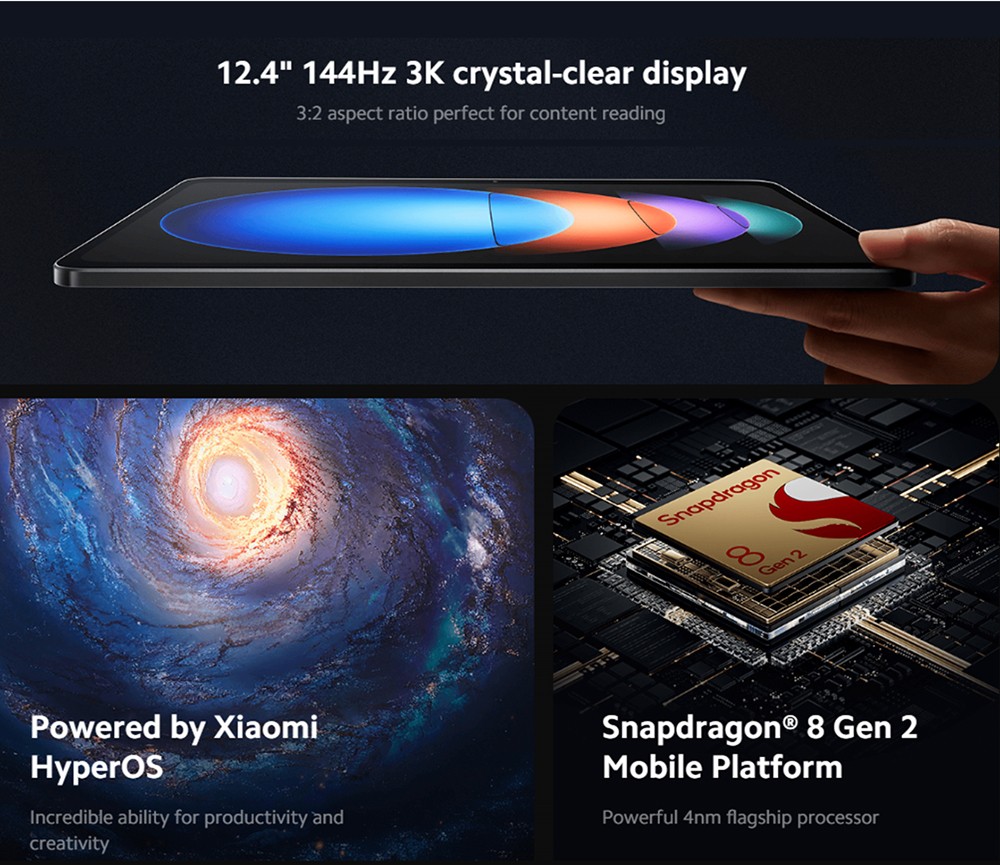Xiaomi Pad 6S Pro 12.4'' Tablet, 3048*2032 144Hz LCD Screen, Snapdragon 8 Gen 2 CPU, 8GB RAM 256GB ROM, WiFi 7 Bluetooth 5.3, 50MP Main Camera + 32MP Front Camera, 10000mAh Battery, Supports NFC Tag - Blue