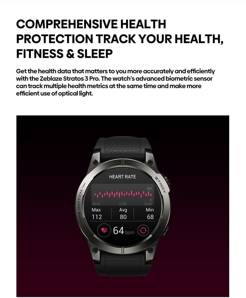 Zeblaze Stratos 3 GPS Smartwatch Voice Calling, 1.43in AMOLED Screen, 24h Health Monitor, Bluetooth 5.3 - Black