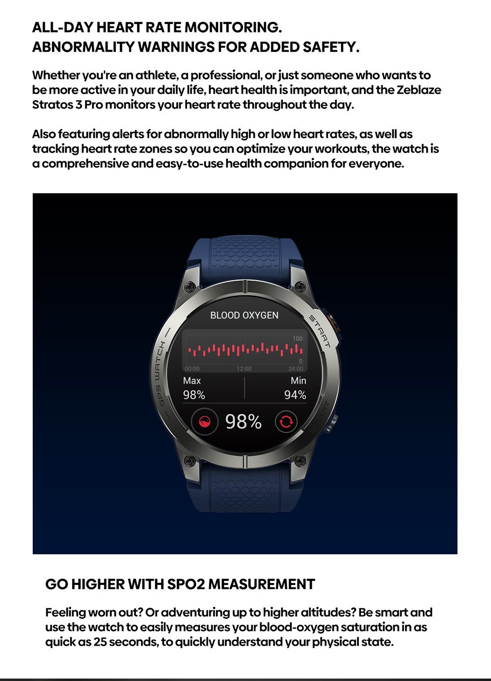 Zeblaze Stratos 3 GPS Smartwatch Voice Calling, 1.43in AMOLED Screen, 24h Health Monitor, Bluetooth 5.3 - Black