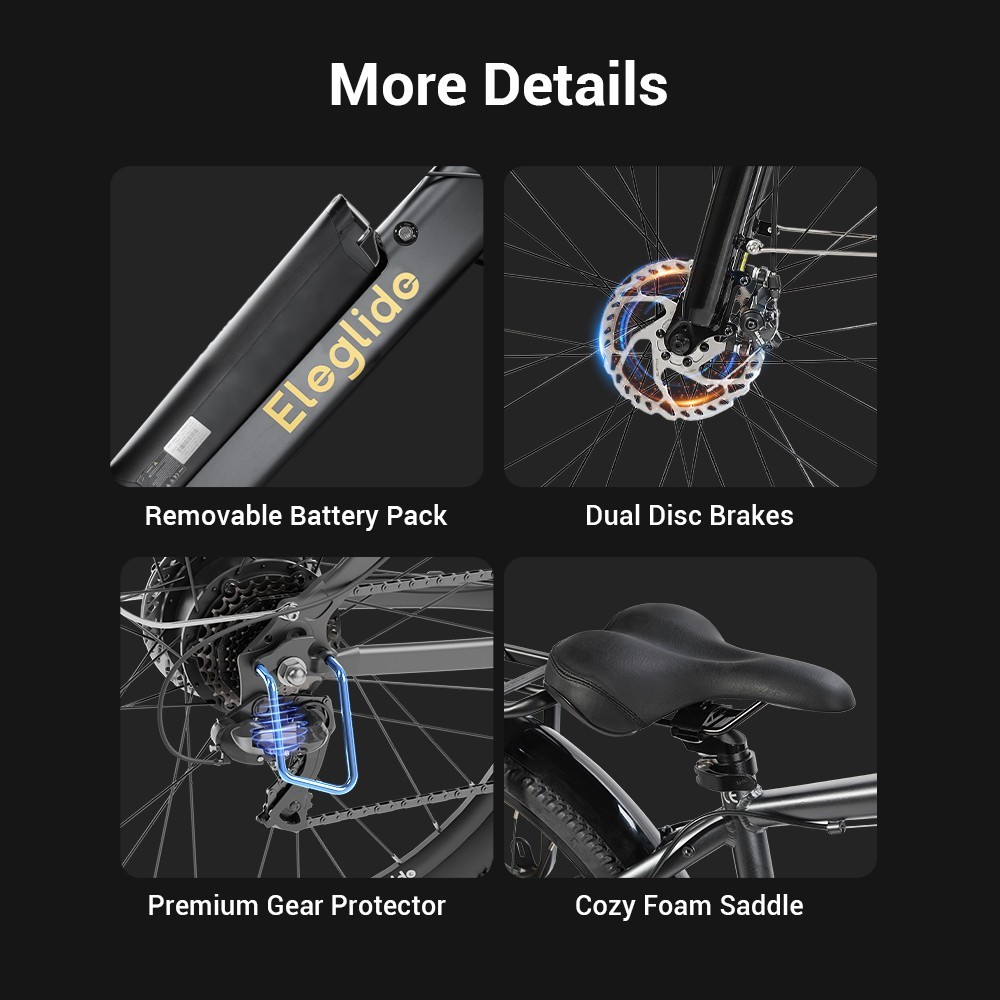 Eleglide T1 Electric Trekking E-Bike 27.5 Inch Tires 36V 13Ah Battery 250W Motor Shimano 7 Gears, Max Speed 25Km/h Max Range 100km IPX4 Waterproof Dual Disk Brake - Black