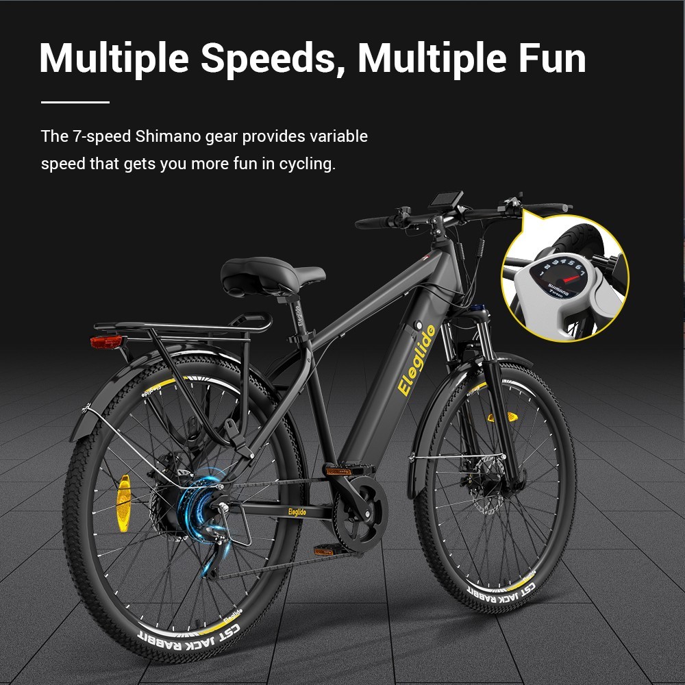 Eleglide T1 Electric Trekking E-Bike 27.5 Inch Tires 36V 13Ah Battery 250W Motor Shimano 7 Gears, Max Speed 25Km/h Max Range 100km IPX4 Waterproof Dual Disk Brake - Black