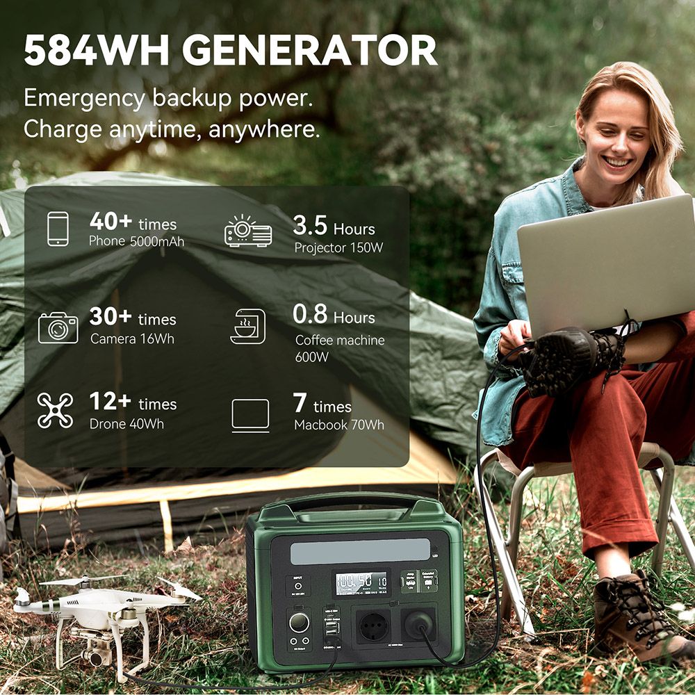 AMPACE P600 600W Portable Power Station, 584Wh LiFePO4 Battery, 1800W A-Turbo Pure Sine Wave, 11 Outlets, Green