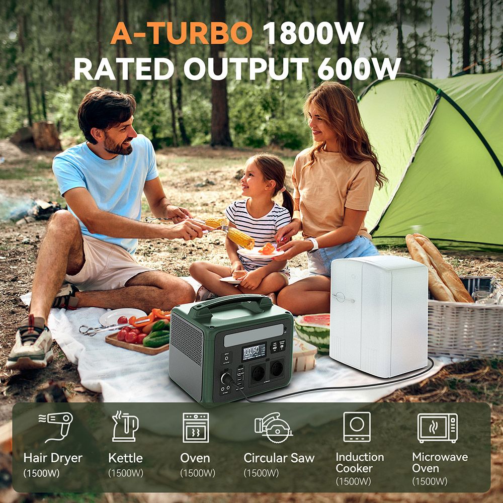 AMPACE P600 600W Portable Power Station, 584Wh LiFePO4 Battery, 1800W A-Turbo Pure Sine Wave, 11 Outlets, Green