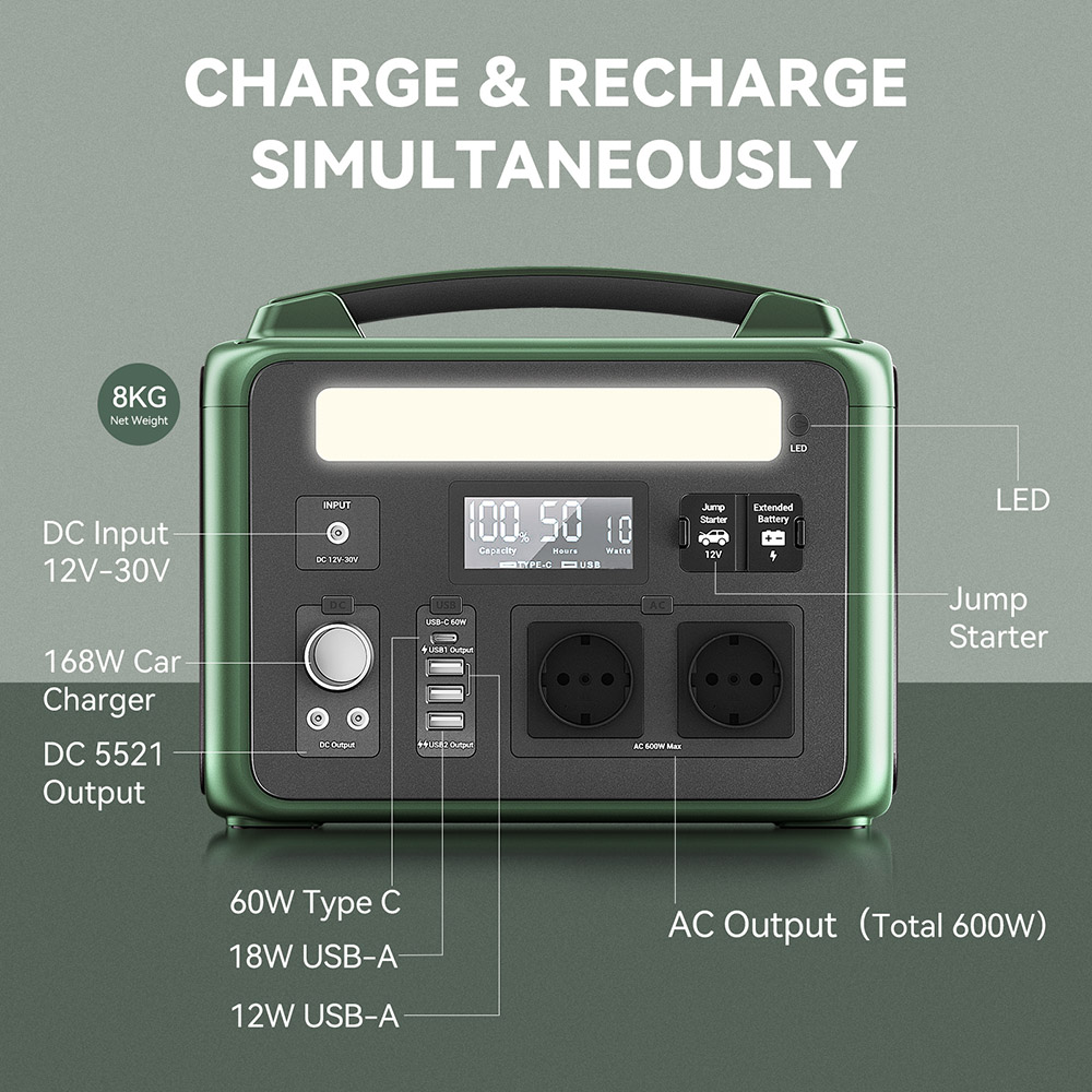 AMPACE P600 600W Portable Power Station, 584Wh LiFePO4 Battery, 1800W A-Turbo Pure Sine Wave, 11 Outlets, Green