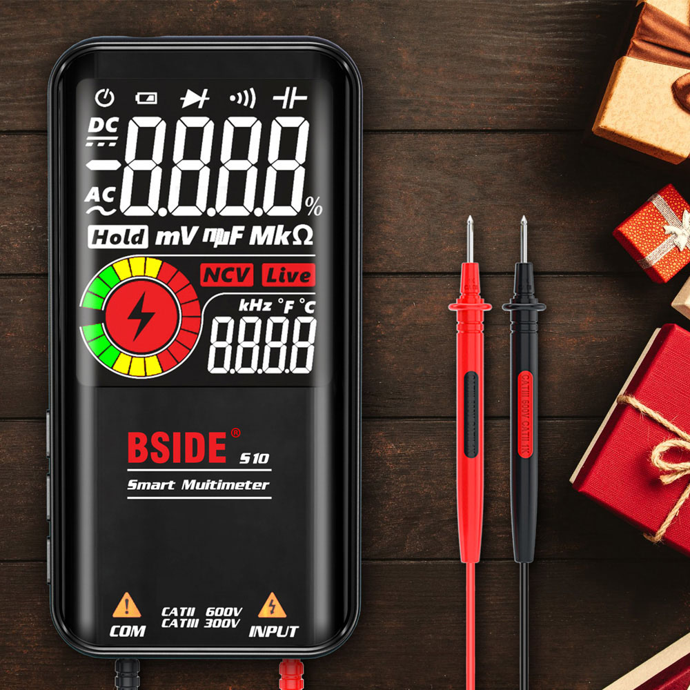 BSIDE S10 Smart Digital Multimeter, 3.5' Color LCD Screen, 9999 Counts, DC AC Voltage Capacitor Ohm Diode Tester, Red - without Battery
