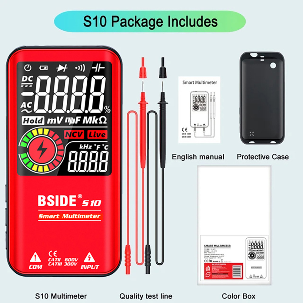 BSIDE S10 Smart Digital Multimeter, 3.5' Color LCD Screen, 9999 Counts, DC AC Voltage Capacitor Ohm Diode Tester, Red - without Battery