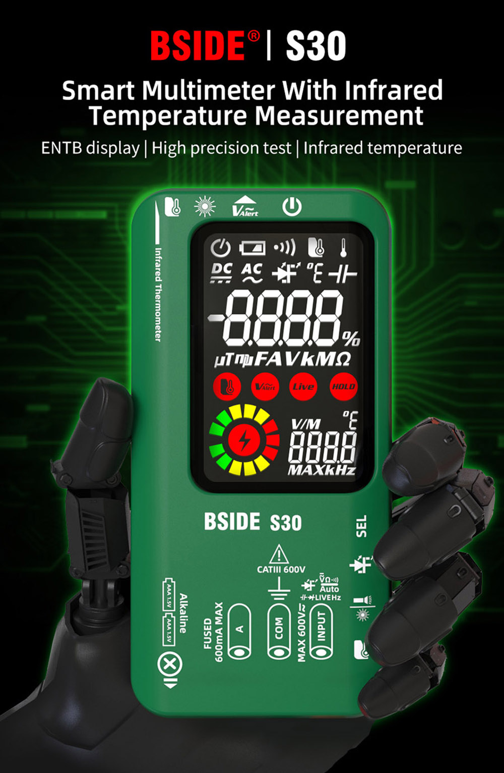 BSIDE S30 Digital Multimeter, Infrared Thermometer, True RMS 9999 Counts, DC AC Voltage Current 15V Diode Capacitor, Ohm NCV Rechargeable Tester - Red