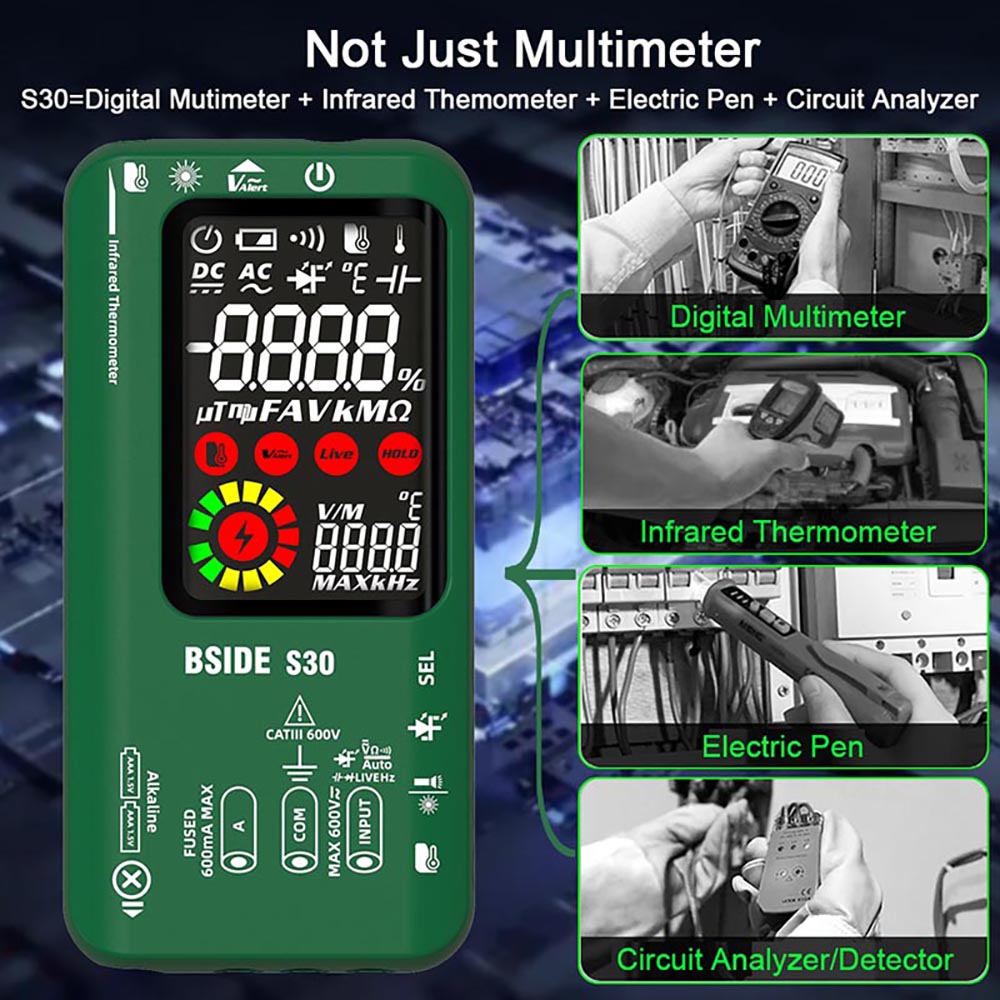 BSIDE S30 Digital Multimeter, Infrared Thermometer, True RMS 9999 Counts, DC AC Voltage Current 15V Diode Capacitor, Ohm NCV Rechargeable Tester - Red
