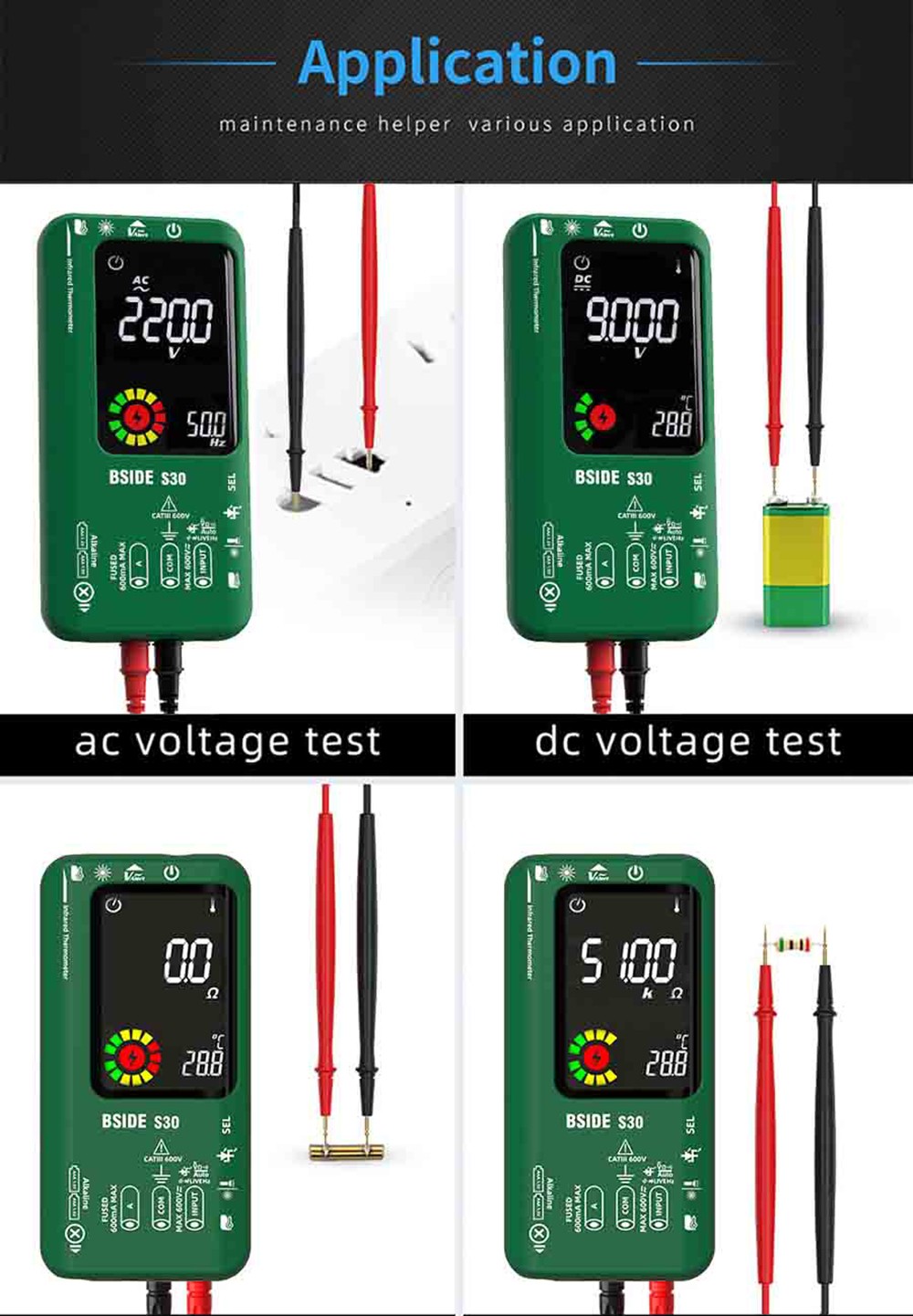 BSIDE S30 Digital Multimeter, Infrared Thermometer, True RMS 9999 Counts, DC AC Voltage Current 15V Diode Capacitor, Ohm NCV Rechargeable Tester - Red
