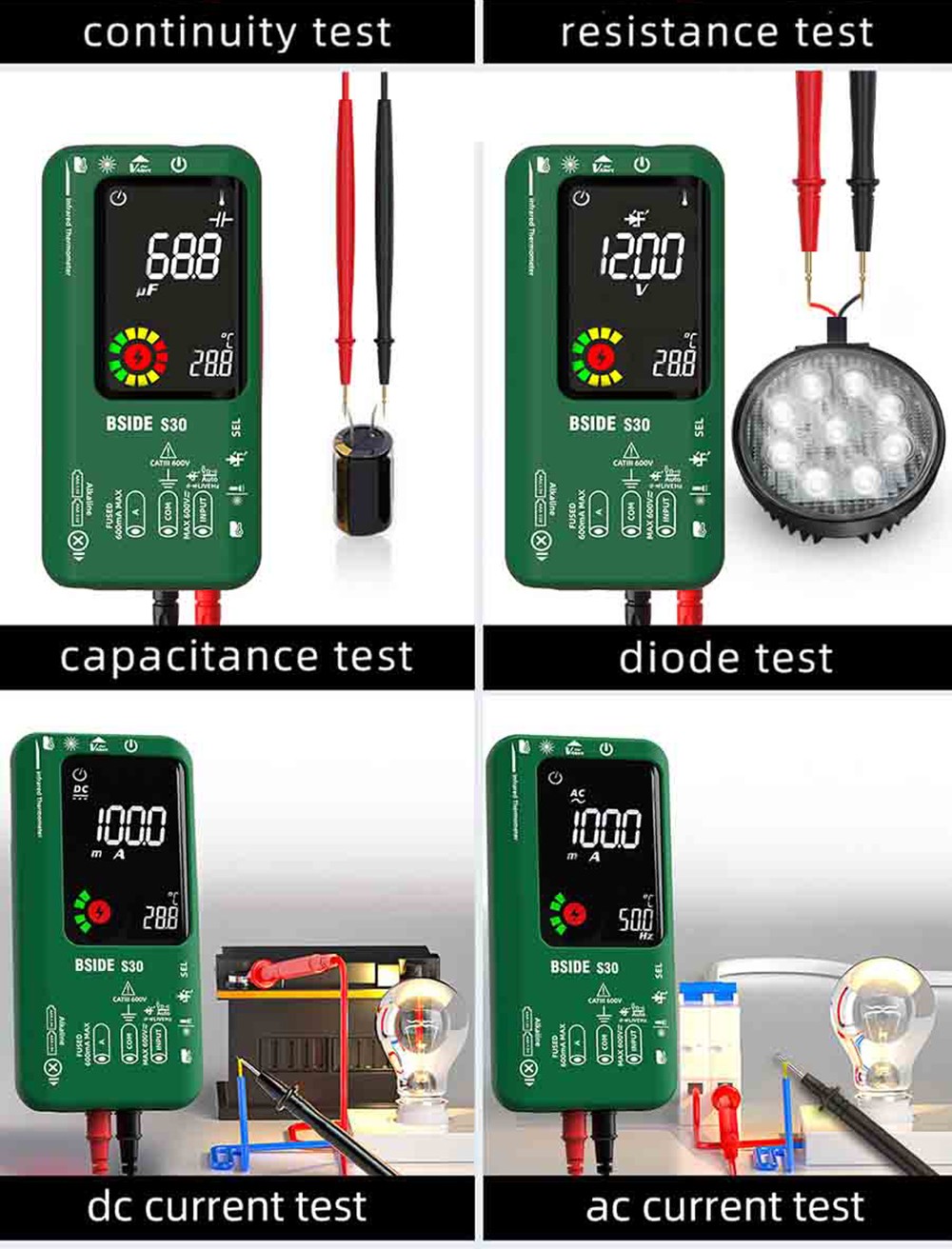 BSIDE S30 Digital Multimeter, Infrared Thermometer, True RMS 9999 Counts, DC AC Voltage Current 15V Diode Capacitor, Ohm NCV Rechargeable Tester - Red