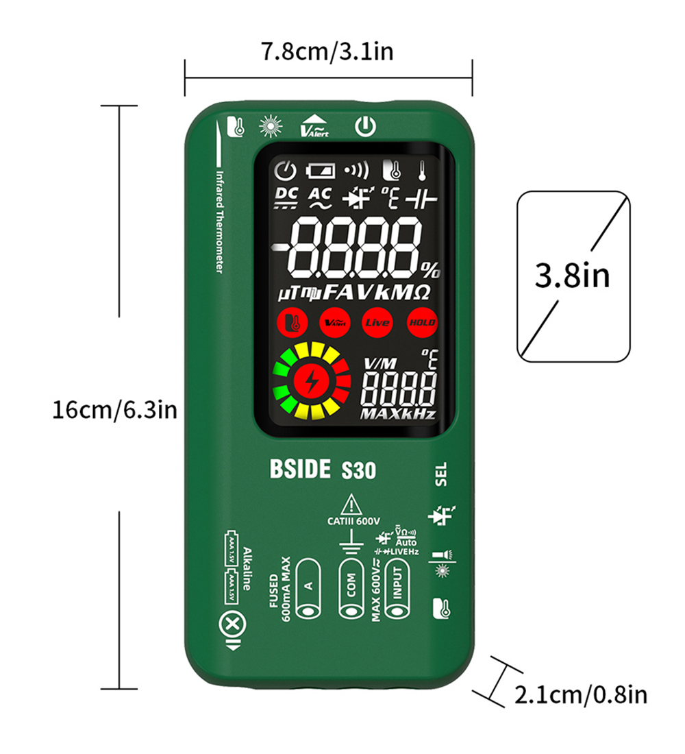 BSIDE S30 Digital Multimeter, Infrared Thermometer, True RMS 9999 Counts, DC AC Voltage Current 15V Diode Capacitor, Ohm NCV Rechargeable Tester - Red