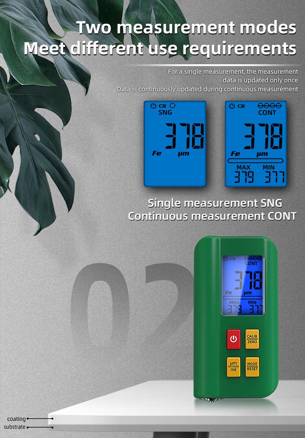 BSIDE T2 Coating Thickness Gauge, Car Paint Meter, 0-1500μm Used, 3 Results Display, Rechargeable 400mAh Li-ion Battery - Green