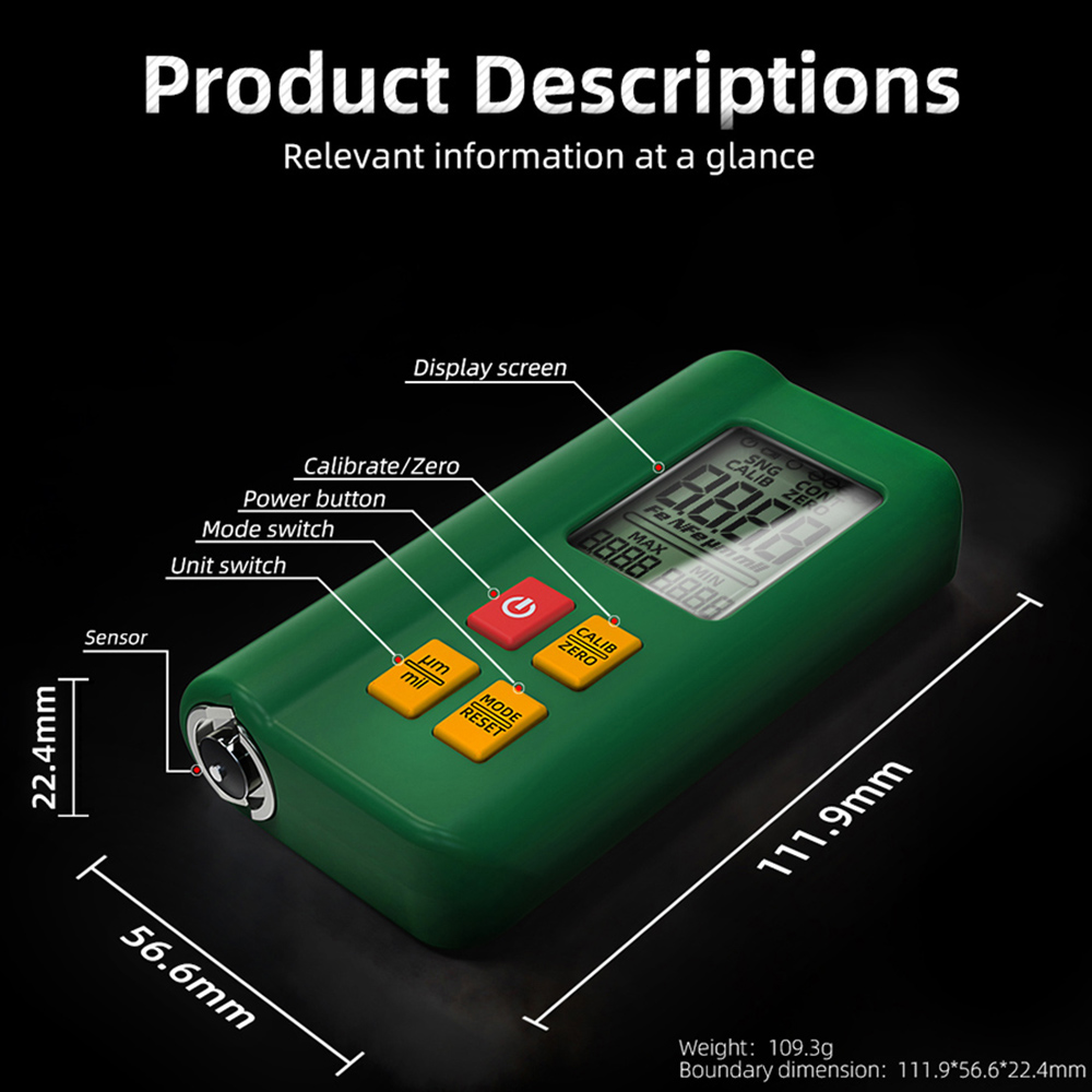 BSIDE T2 Coating Thickness Gauge, Car Paint Meter, 0-1500μm Used, 3 Results Display, Rechargeable 400mAh Li-ion Battery - Green
