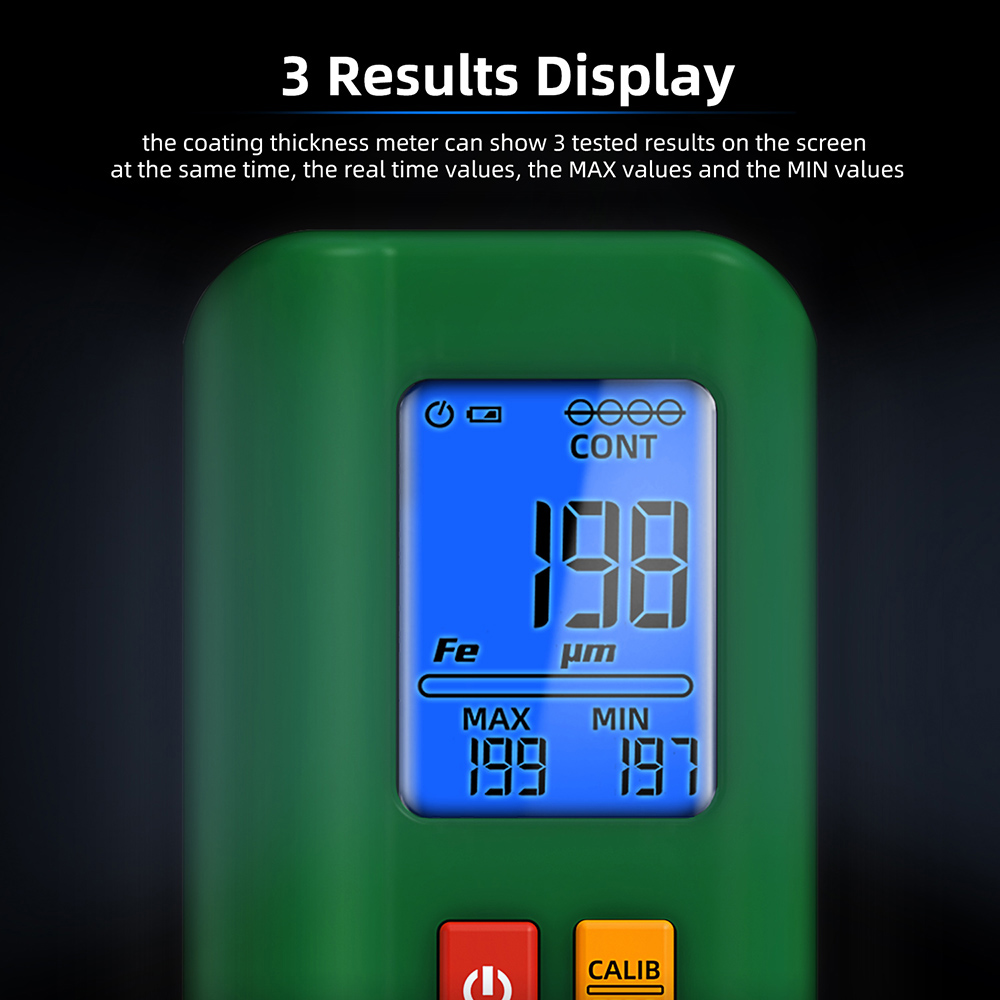 BSIDE T2 Coating Thickness Gauge, Car Paint Meter, 0-1500μm Used, 3 Results Display, Rechargeable 400mAh Li-ion Battery - Green