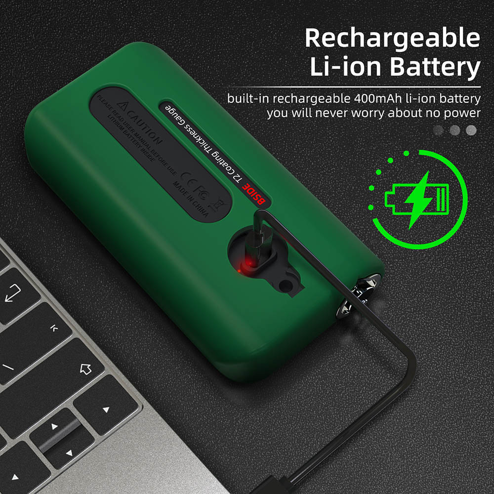 BSIDE T2 Coating Thickness Gauge, Car Paint Meter, 0-1500μm Used, 3 Results Display, Rechargeable 400mAh Li-ion Battery - Green