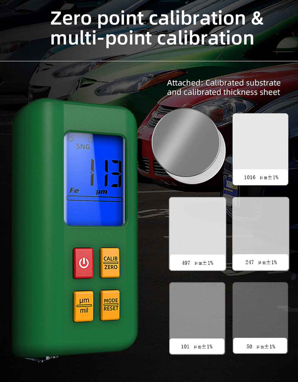 BSIDE T2 Coating Thickness Gauge, Car Paint Meter, 0-1500μm Used, 3 Results Display, Rechargeable 400mAh Li-ion Battery - Green