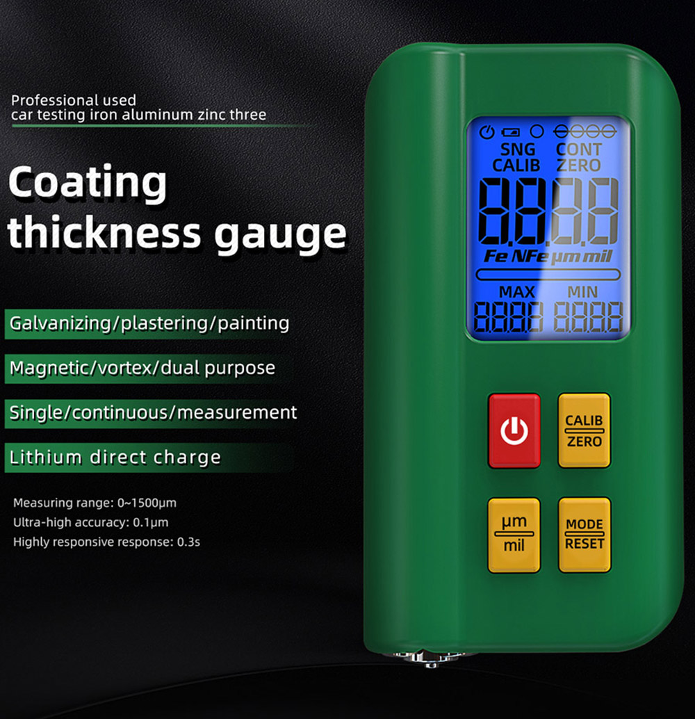 BSIDE T2 Coating Thickness Gauge, Car Paint Meter, 0-1500μm Used, 3 Results Display, Rechargeable 400mAh Li-ion Battery - Green